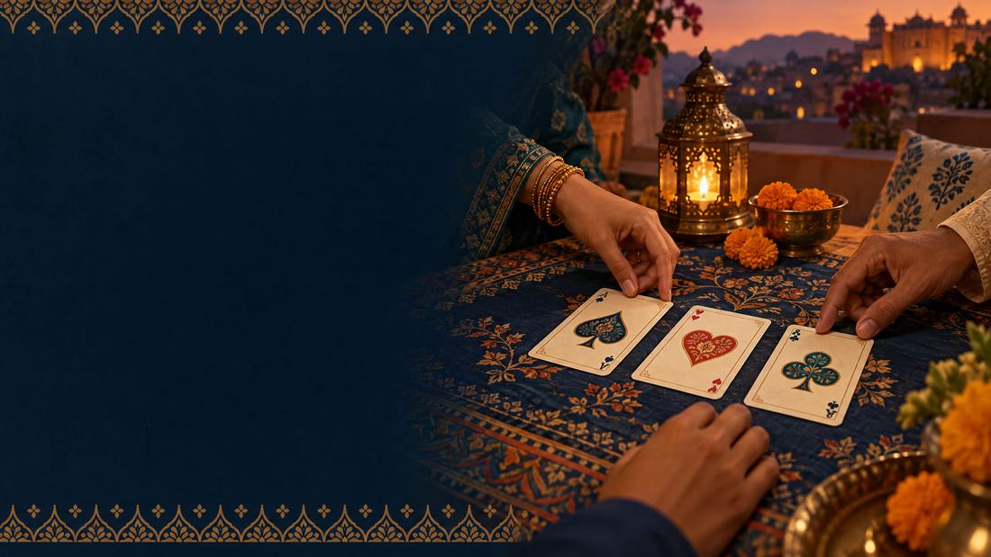 Illustrative playing cards on a green table; independent APK guide illustration